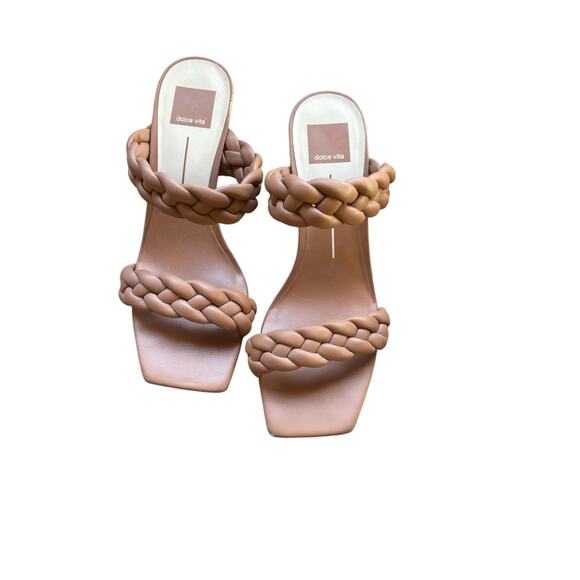 Dolce Vita Tan Leather Woven Mid Heel Sandal Sz 8.5 - Picture 1 of 4